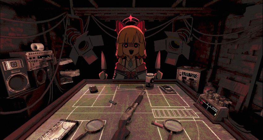 1girl, animal_ear_headphones, animal_ears, blonde_hair, blue_archive, blue_necktie, bow, buckshot_roulette