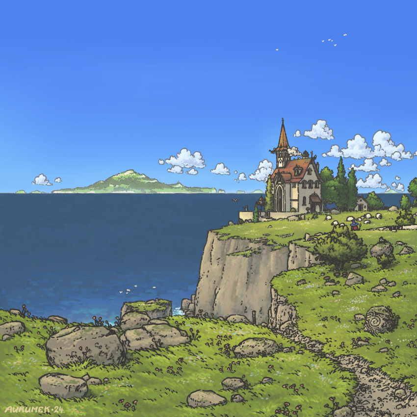 1other, artist_name, aurumek, blue_hat, blue_sky, building, bush, chimney, cliff, clouds, commentary, dated, day, english_commentary, flock, flower, grass, hat, highres, holding, holding_staff, mailbox_(incoming_mail), mountainous_horizon, mushroom, no_humans, ocean, original, outdoors, path, pine_tree, pink_flower, rock, scenery, shed, sheep, sky, smoke, solo, staff, tree, water, witch_hat