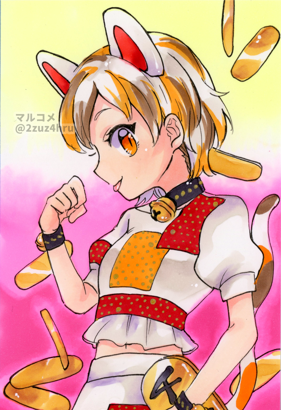 1girl, 2zuz4hru, animal_collar, animal_ears, bell, brown_hair, cat_ears, cat_tail