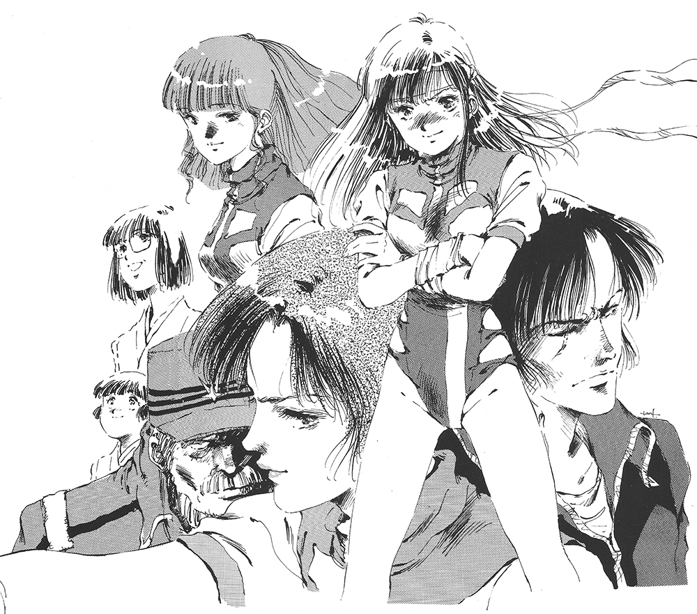 1980s_(style), 2boys, 5girls, amano_kazumi, angry, bandana, beard, blush