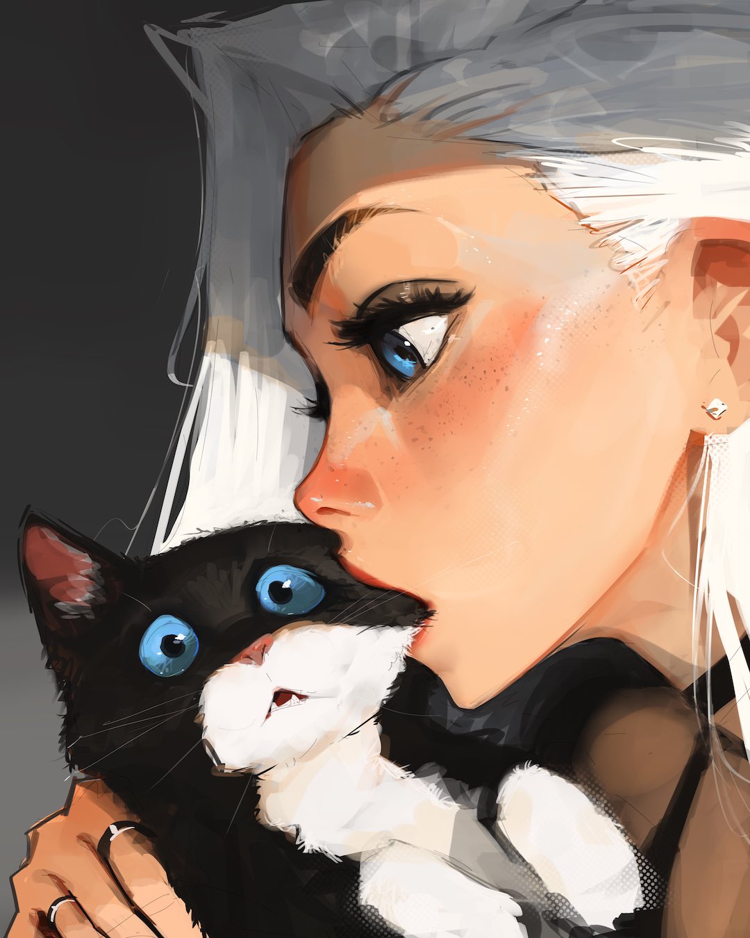 1girl, animal, biting, blue_eyes, blush, bruce_(sam_yang), cat, cheek_biting