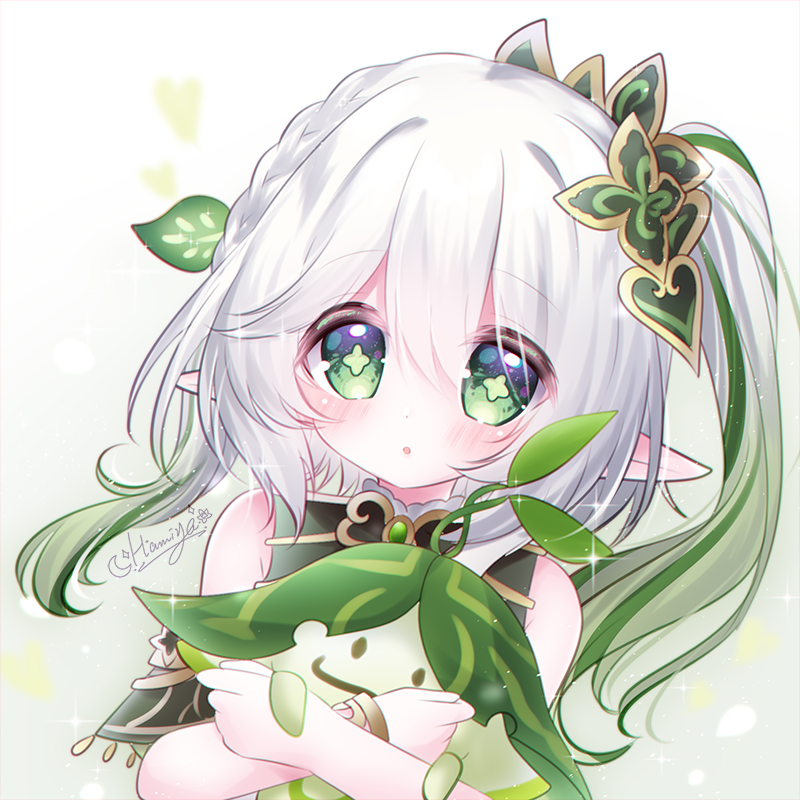 1girl, :o, aranara_(genshin_impact), blush, bracelet, close-up, crossed_arms, genshin_impact