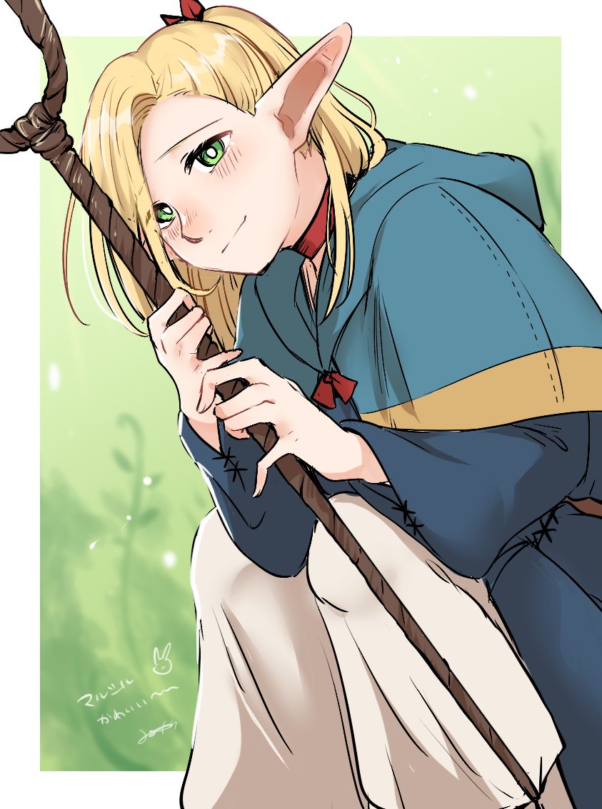 1girl, blonde_hair, blue_capelet, blue_robe, bright_pupils, capelet, closed_mouth, commentary_request