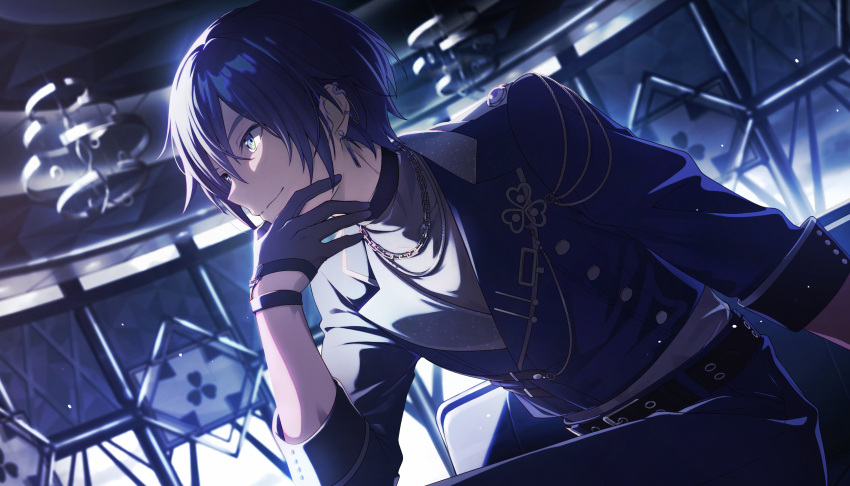 1boy, aiguillette, arm_at_side, arm_support, belt, black_belt, black_choker, black_gloves