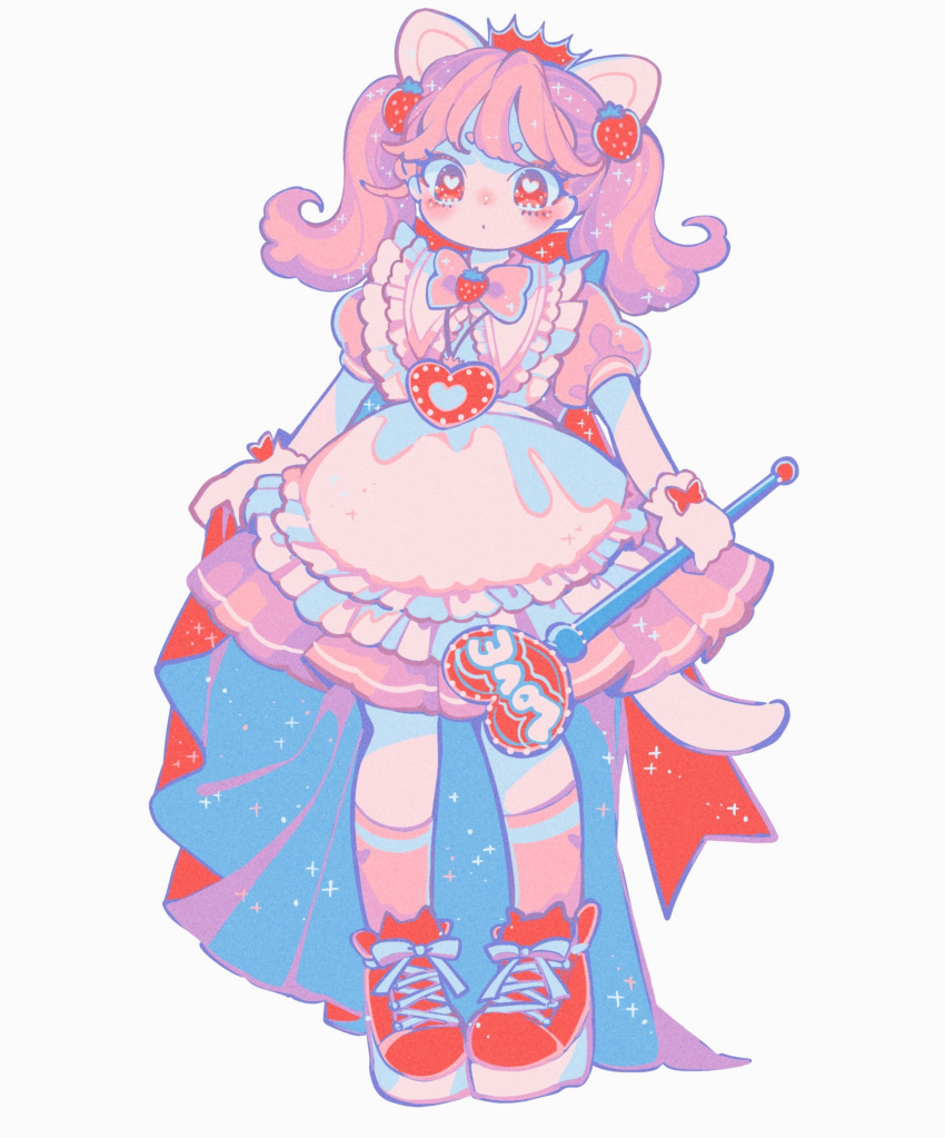 1girl, absurdres, animal_ears, apron, arms_at_sides, asymmetrical_cape, back_bow, blue_cape