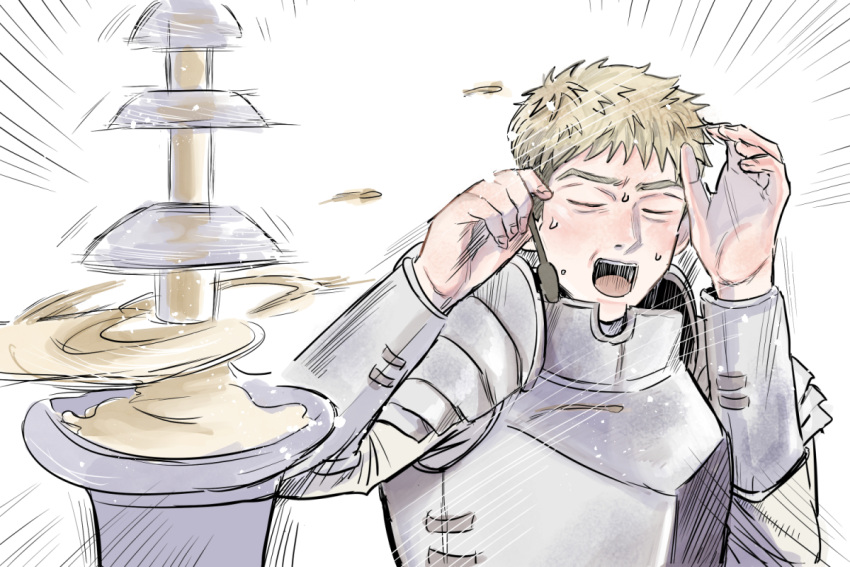 1boy, armor, blonde_hair, bracer, cheese, chocolate_fountain, closed_eyes, commentary_request, dungeon_meshi, emeaki0921, facing_viewer, food, hands_up, holding, holding_spoon, laios_touden, male_focus, meme, motion_lines, open_mouth, pauldrons, short_hair, shoulder_armor, simple_background, spoon, tasty_hoon_cheese_fondue_(meme), upper_body, very_short_hair, white_background