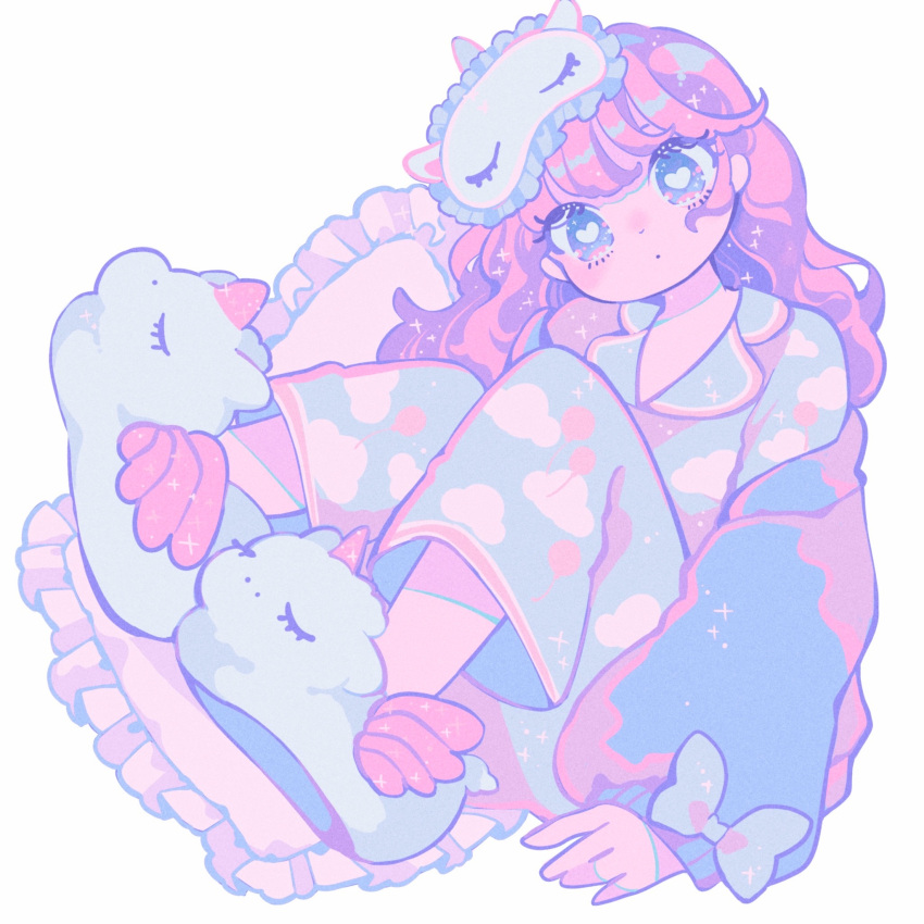 1girl, animal_slippers, balloon_print, blue_bow, blue_eyes, blue_jacket, blue_pants, blue_shirt, bow, bright_pupils, closed_mouth, cloud_print, colored_lineart, dot_mouth, dot_nose, eyelashes, eyewear_on_head, feet_up, film_grain, frilled_pillow, frills, hand_rest, head_tilt, heart, heart-shaped_pupils, highres, jacket, jacket_partially_removed, knees_up, layered_clothes, long_hair, long_sleeves, original, pajamas, pants, pastel_colors, pillow, pink_hair, puffy_long_sleeves, puffy_sleeves, reclining, renko1011, shirt, sitting, sleep_mask, sleeve_bow, slippers, solo, sparkle, symbol-shaped_pupils, unicorn, white_footwear, white_mask, white_pupils, wispy_bangs