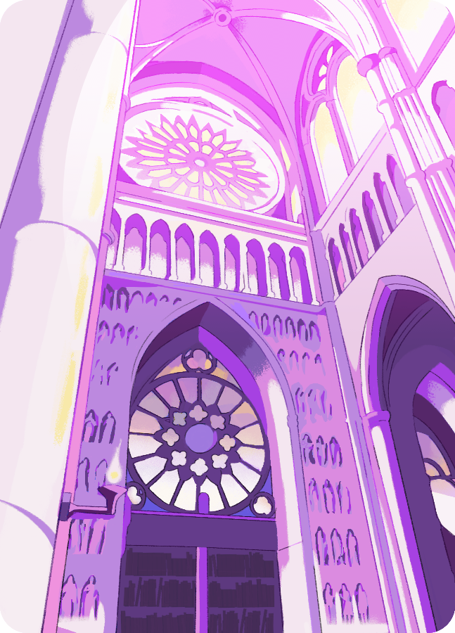arch, architecture, building, commentary, european_architecture, fire, gothic_architecture, homestuck, indoors, lamp, no_humans, purple_theme, ragnarozzy, railing, rose_window, rounded_corners, scenery, stained_glass, symbol-only_commentary, vaulted_ceiling, window