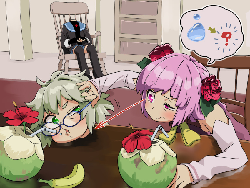 1boy, 1girl, banana, bare_shoulders, blue-framed_eyewear, blush, bow, bowtie, chair, coconut, confused, detached_sleeves, disembodied_head, drinking, flower, food, fruit, glasses, green_eyes, half-closed_eye, hibiscus, indoors, looking_at_another, original, rose, rose_(vanillaklein), short_hair, shorts, table, vanilla_(vanillaklein), vanillaklein, yellow_bow, yellow_bowtie