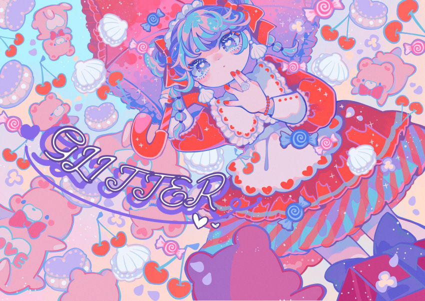 1girl, abstract_background, apron, blue_background, blue_dress, blue_eyes, blue_hair, bow, box, candy, cherry, colored_eyelashes, colored_lineart, cowboy_shot, diagonal-striped_dress, dot_nose, double_bun, dress, dutch_angle, earrings, english_text, eyeliner, food, frilled_apron, frilled_cuffs, frills, fruit, gift, gift_box, gradient_background, hair_bow, hair_bun, hand_on_own_chin, hands_up, heart, heart_print, highres, hikimayu, holding, holding_umbrella, jewelry, layered_dress, long_sleeves, maid_headdress, makeup, medium_hair, multi-tied_hair, multicolored_hair, original, pink_hair, puffy_long_sleeves, puffy_sleeves, purple_petals, red_bow, red_dress, red_eyeliner, red_nails, red_umbrella, renko1011, seashell, shell, shell_earrings, solo, sparkle, streaked_hair, stuffed_animal, stuffed_toy, swept_bangs, teddy_bear, two-tone_background, two-tone_dress, umbrella, white_apron, white_wrist_cuffs, wrapped_candy, wrist_cuffs, yellow_background