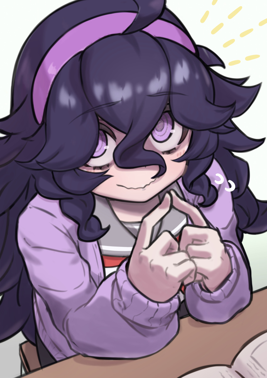 @_@, absurdres, alternate_costume, bags_under_eyes, black_hair, book, commentary_request, desk
