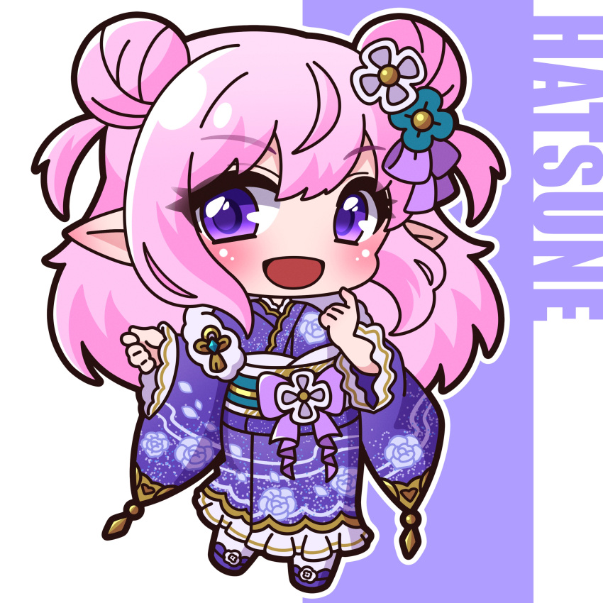 1girl, :d, absurdres, blue_flower, character_name, chibi, commentary_request, double_bun