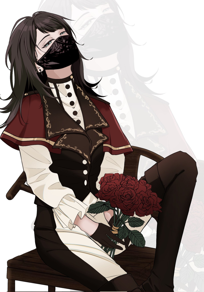 1girl, bang_dream!, bang_dream!_it's_mygo!!!!!, black_gloves, black_hair, black_mask, black_pants, black_vest, blue_eyes, bouquet, capelet, commentary, earrings, flower, gloves, hashtag-only_commentary, highres, holding, holding_bouquet, jewelry, long_hair, long_sleeves, mask, mouth_mask, on_chair, pants, red_capelet, red_flower, red_rose, rose, shirt, simple_background, sitting, solo, two-tone_pants, vest, white_background, white_pants, white_shirt, yahata_umiri, yeyep0911, zoom_layer