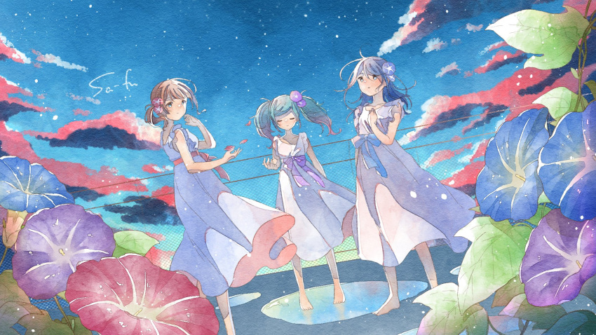 3girls, asagao_no_chiru_koro_ni_(tuyu), blue_eyes, blue_flower, blue_hair, blue_sash, blue_sky, closed_eyes