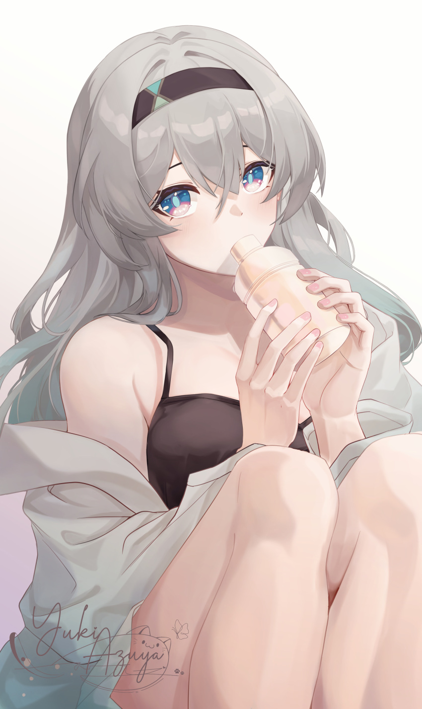 1girl, absurdres, bare_shoulders, black_bra, black_hairband, bra, breasts, dimazu