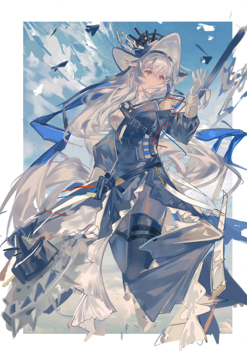 1girl, arknights, black_dress, black_pantyhose, circular_saw, commentary_request, dress, grey_hair