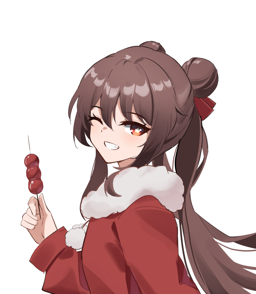 1girl, absurdres, alternate_costume, alternate_hairstyle, brown_hair, czk, double_bun, flower-shaped_pupils