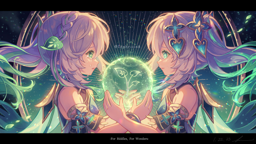 2girls, absurdres, bare_shoulders, bracelet, braid, cape, close-up, commentary_request, crying, crying_with_eyes_open, dated, dress, english_text, eye_contact, eyelashes, genshin_impact, gradient_background, green_cape, green_dress, green_eyes, green_hair, hair_ornament, highres, holding, holding_leaf, hoshiakari_lenu, jewelry, leaf, leaf_hair_ornament, long_hair, looking_at_another, multicolored_hair, multiple_girls, nahida_(genshin_impact), open_mouth, pointy_ears, rukkhadevata_(genshin_impact), signature, sleeveless, sleeveless_dress, symbol-shaped_pupils, tears, two-tone_hair, white_hair