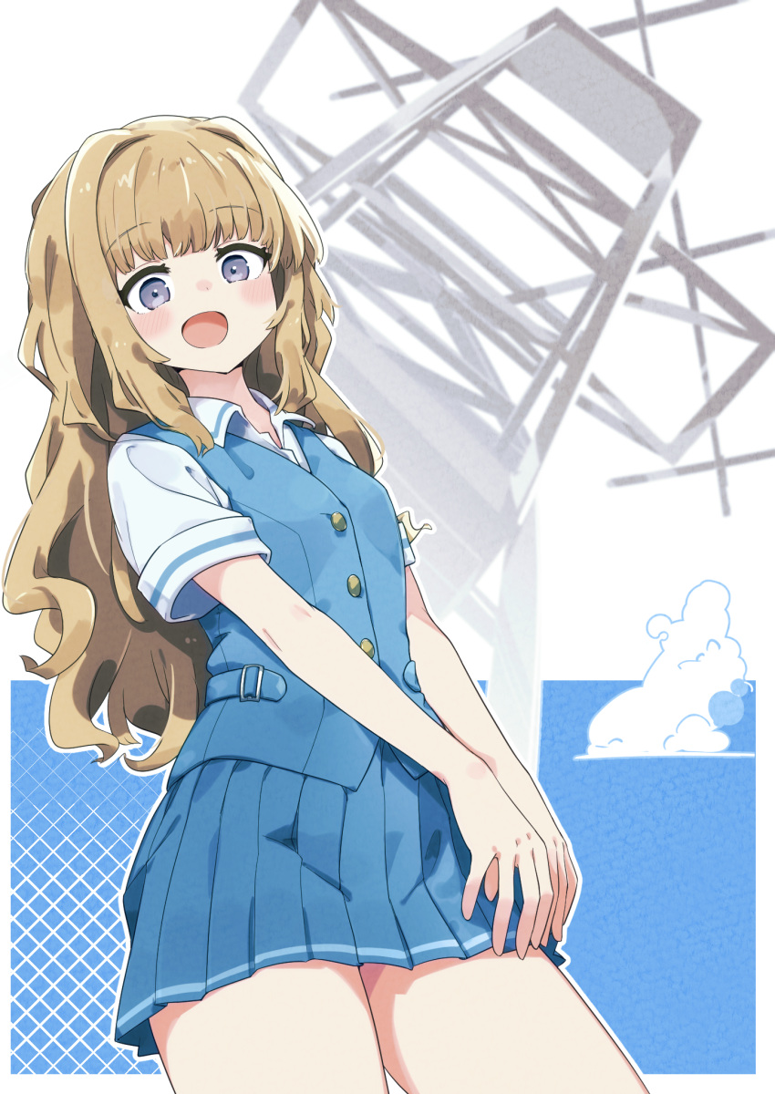 1girl, :d, blonde_hair, blue_eyes, blue_uniform, blush, cross_channel, highres