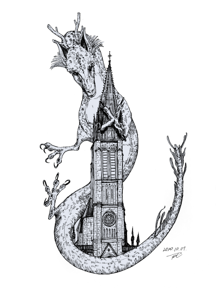 absurdres, akeru, animal_focus, architecture, church, commentary_request, dated, dragon