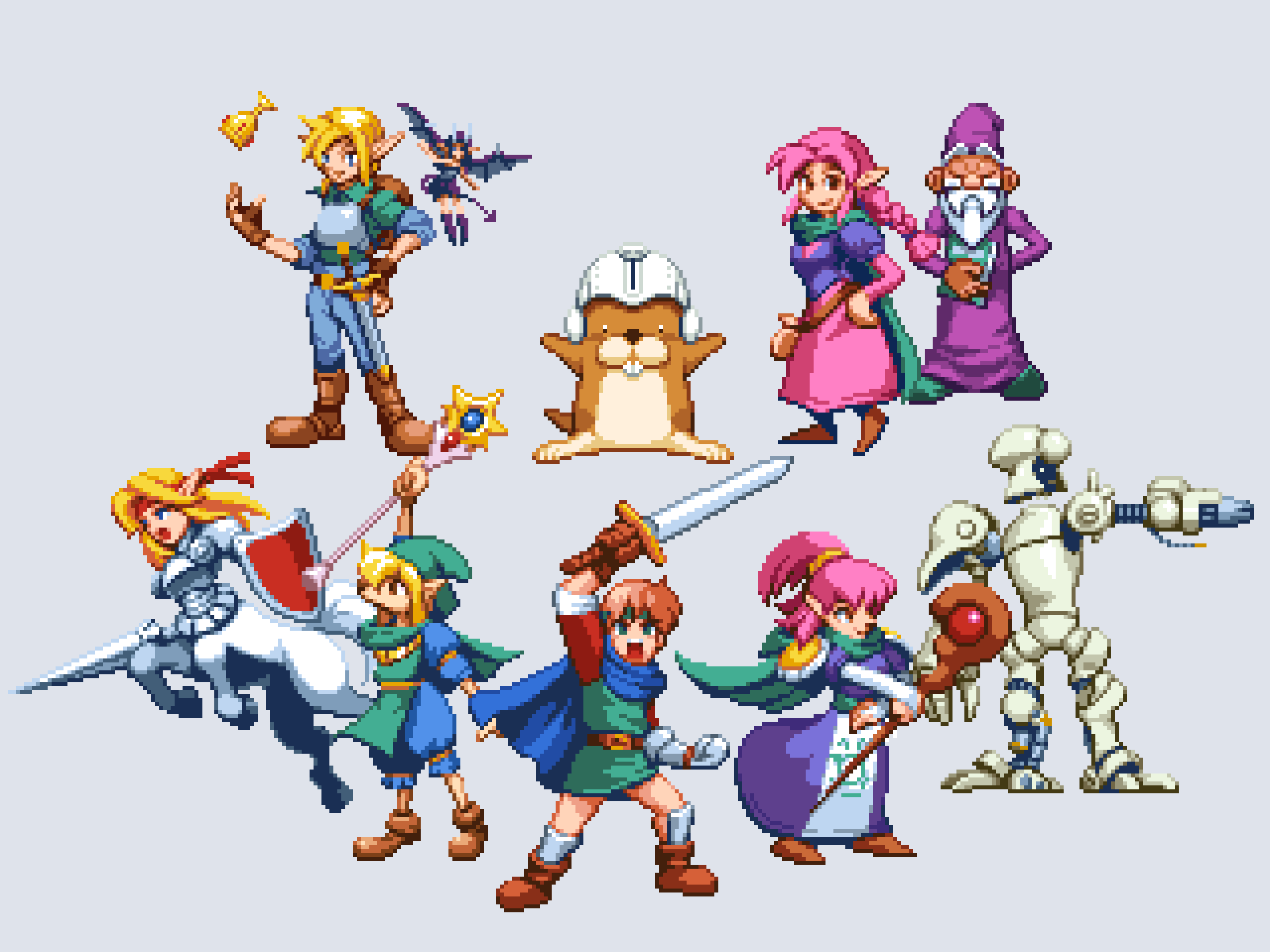 3girls, 6+boys, adam_(shining_force), arm_cannon, arm_up, armor, backpack, bag