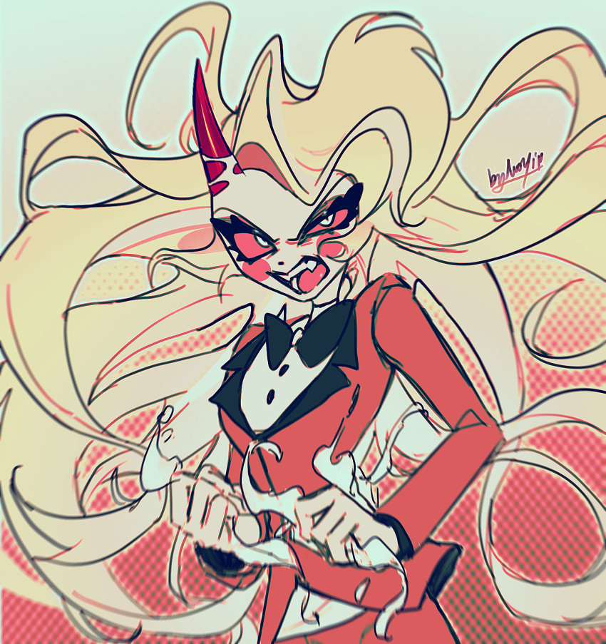 1girl, blonde_hair, charlie_morningstar, demon_girl, demon_horns, fangs, guifulanxin092, hazbin_hotel, highres, horns, long_hair, open_mouth, red_eyes, solo, suit
