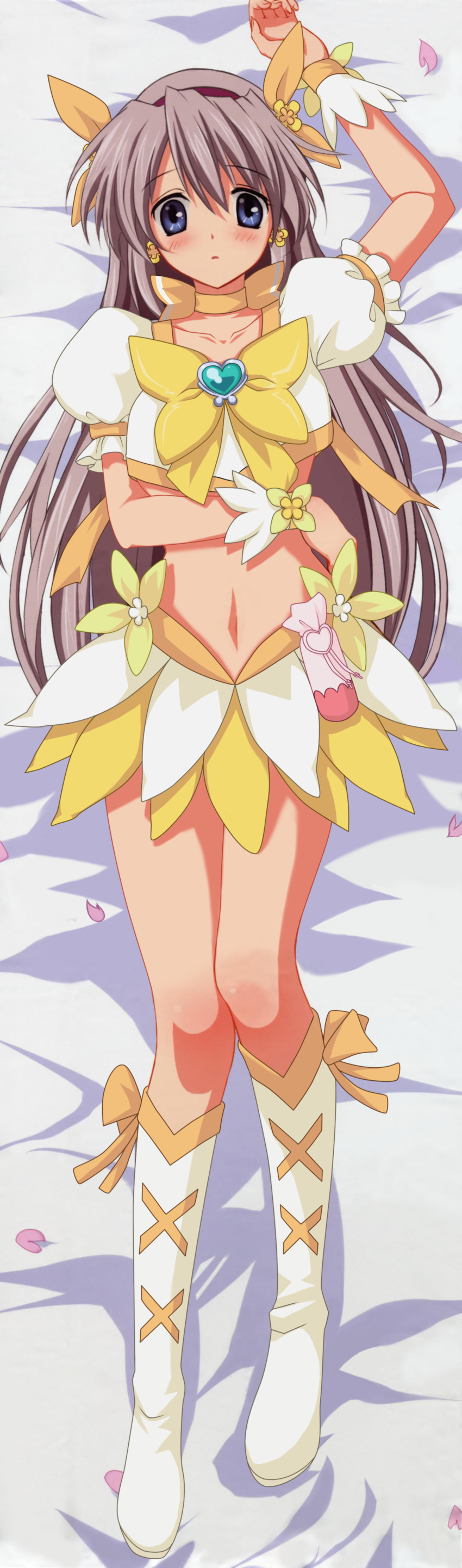 absurdres, artist_request, blue_eyes, blush, boots, clannad, cosplay, cure_sunshine, cure_sunshine_(cosplay), dakimakura, dress, earrings, flower, hairband, heart, heartcatch_precure!, highres, jewelry, kuwashima_houko, legs, lying, magical_girl, midriff, petals, photoshop, precure, sakagami_tomoyo, seiyuu_connection, seiyuu_joke, silver_hair, twintails, yellow_dress