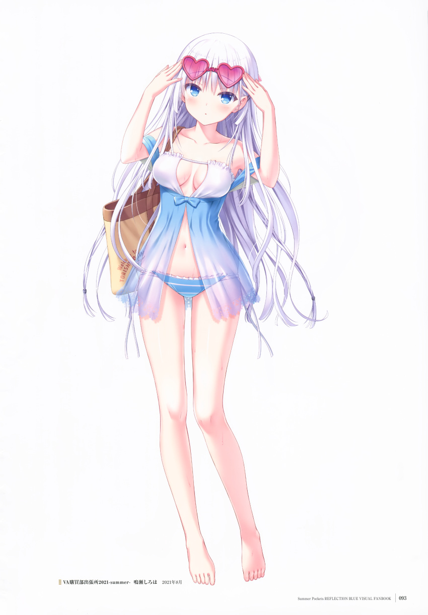 1girl, absurdres, alternate_costume, arms_up, bikini, blue_bikini, blue_eyes, blush, breasts, carrying_bag, collarbone, copyright_name, eyes_visible_through_hair, floating_hair, goggles, hair_between_eyes, heart-shaped_goggles, highres, long_hair, looking_at_viewer, medium_breasts, na-ga, naruse_shiroha, navel, parted_lips, solo, standing, summer_pockets, swimsuit, very_long_hair, white_hair