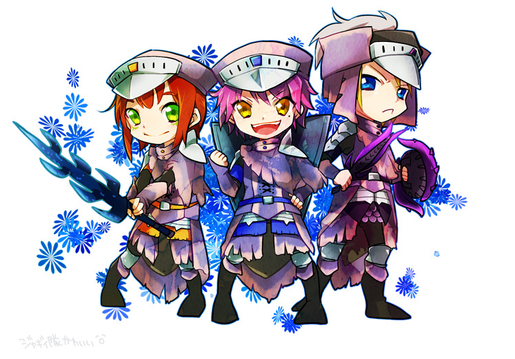 3girls, armor, black_footwear, blonde_hair, blue_eyes, boots, clenched_hand, copyright_request