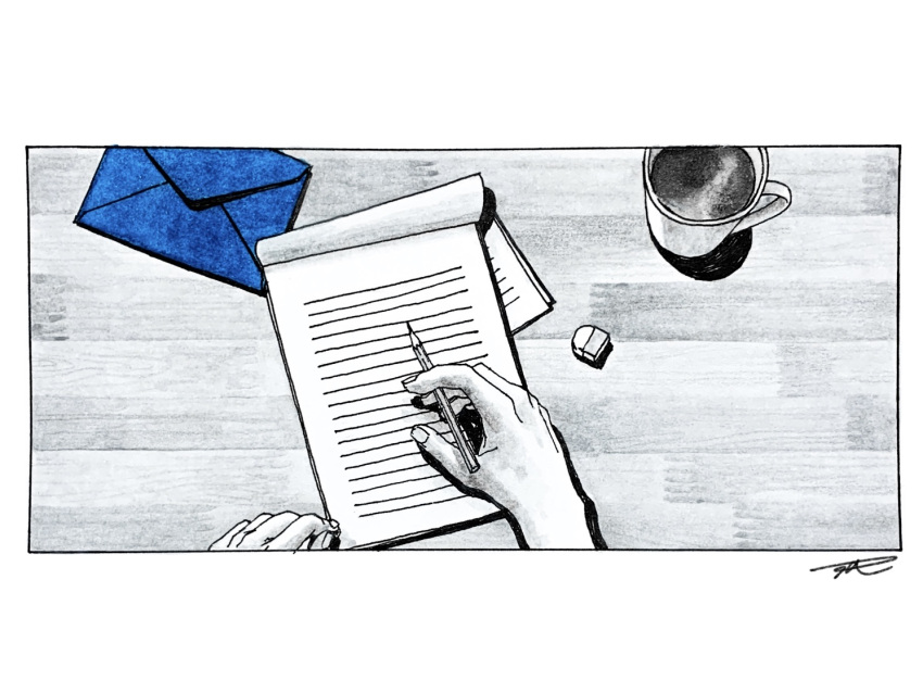 akeru, border, coffee, cup, envelope, eraser, fingernails, greyscale