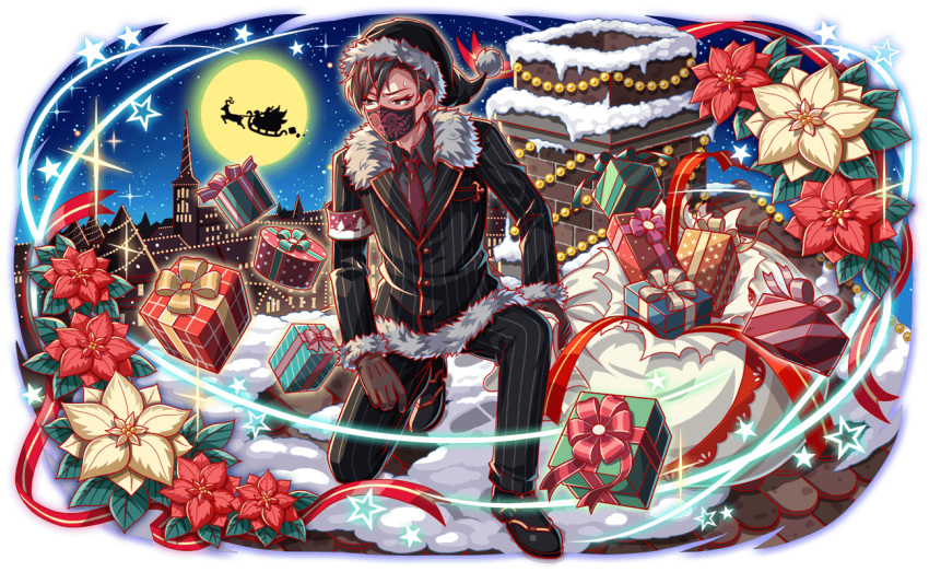 antlers, artist_request, black_hair, black_mask, black_pants, black_suit, blue_sky, bow