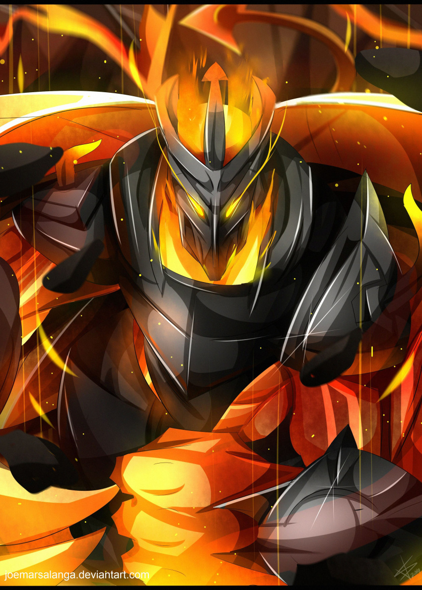 1boy, absurdres, alternate_costume, armor, clenched_hand, colored_skin, dvljoe, fire
