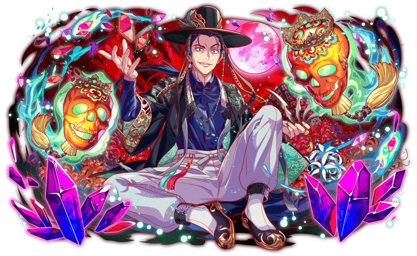 1boy, aqua_flower, aqua_tassel, artist_request, baji, black_coat, black_hair, black_hat