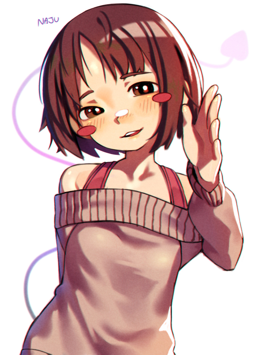 1girl, absurdres, arm_behind_back, arm_up, artist_name, bare_shoulders, blush_stickers, breasts