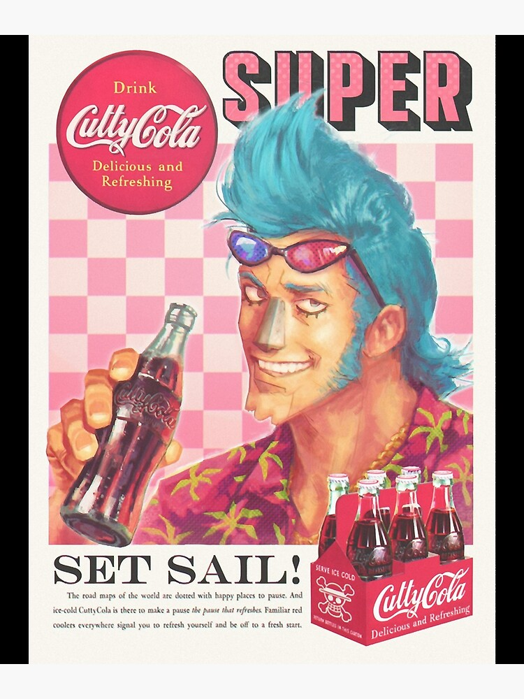 1boy, advertisement, cola, franky_(one_piece), one_piece, product_placement, soft_drink