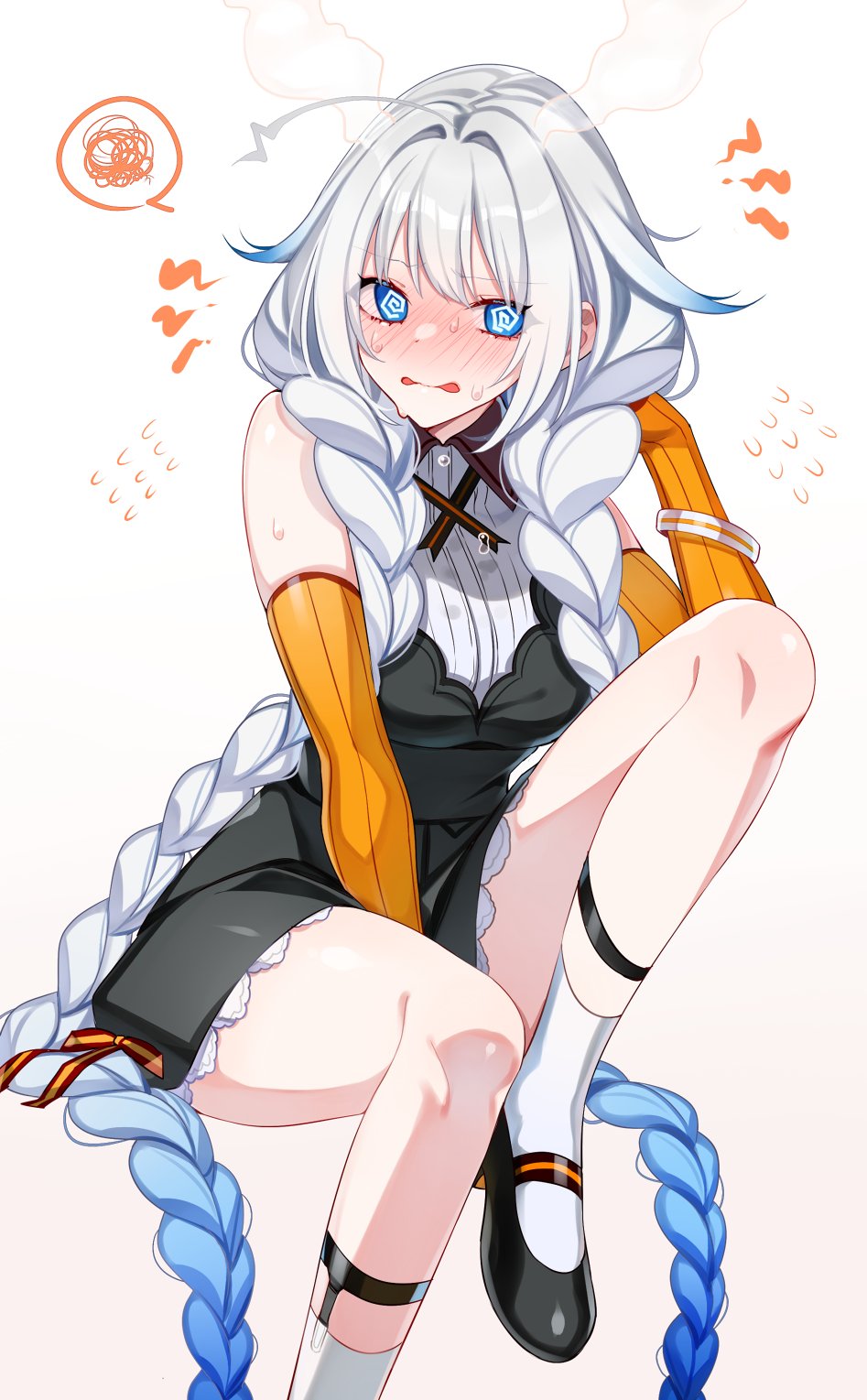 1girl, @_@, absurdly_long_hair, ahoge, arm_between_legs, bare_shoulders, black_dress, blue_eyes
