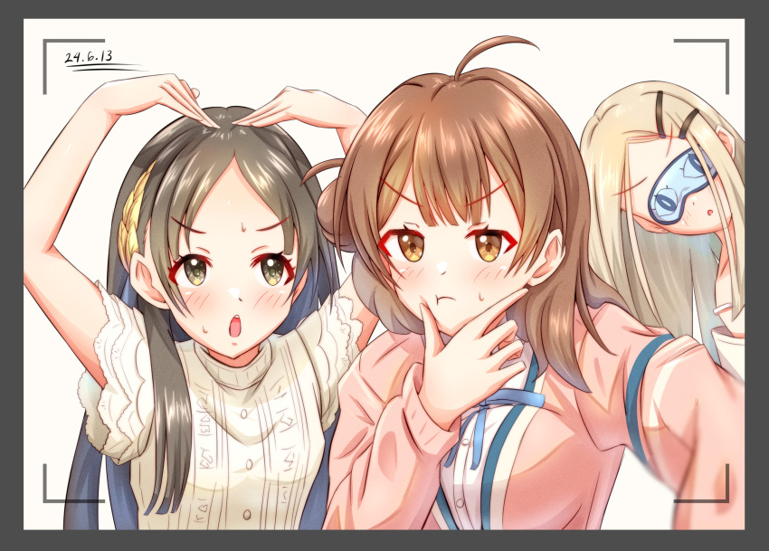 3girls, :o, :t, ahoge, blue_ribbon, blush, cardigan, cobbedcorn