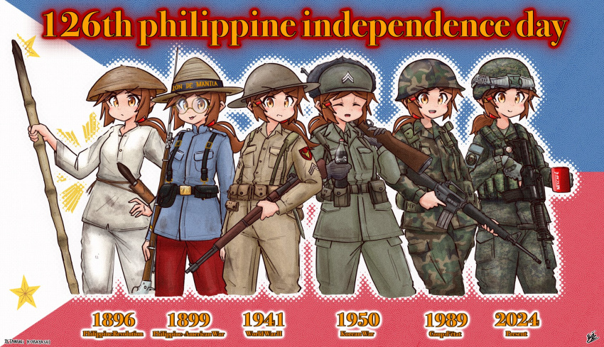 6+girls, :3, blush, brown_eyes, brown_hair, cabo-chan_(tanuki_kobayashi), camouflage, coat_of_arms