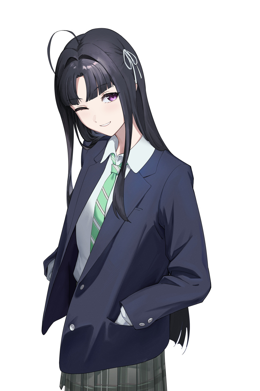 1girl, absurdres, ahoge, awa_subaru, black_hair, blazer, blue_jacket, collared_shirt