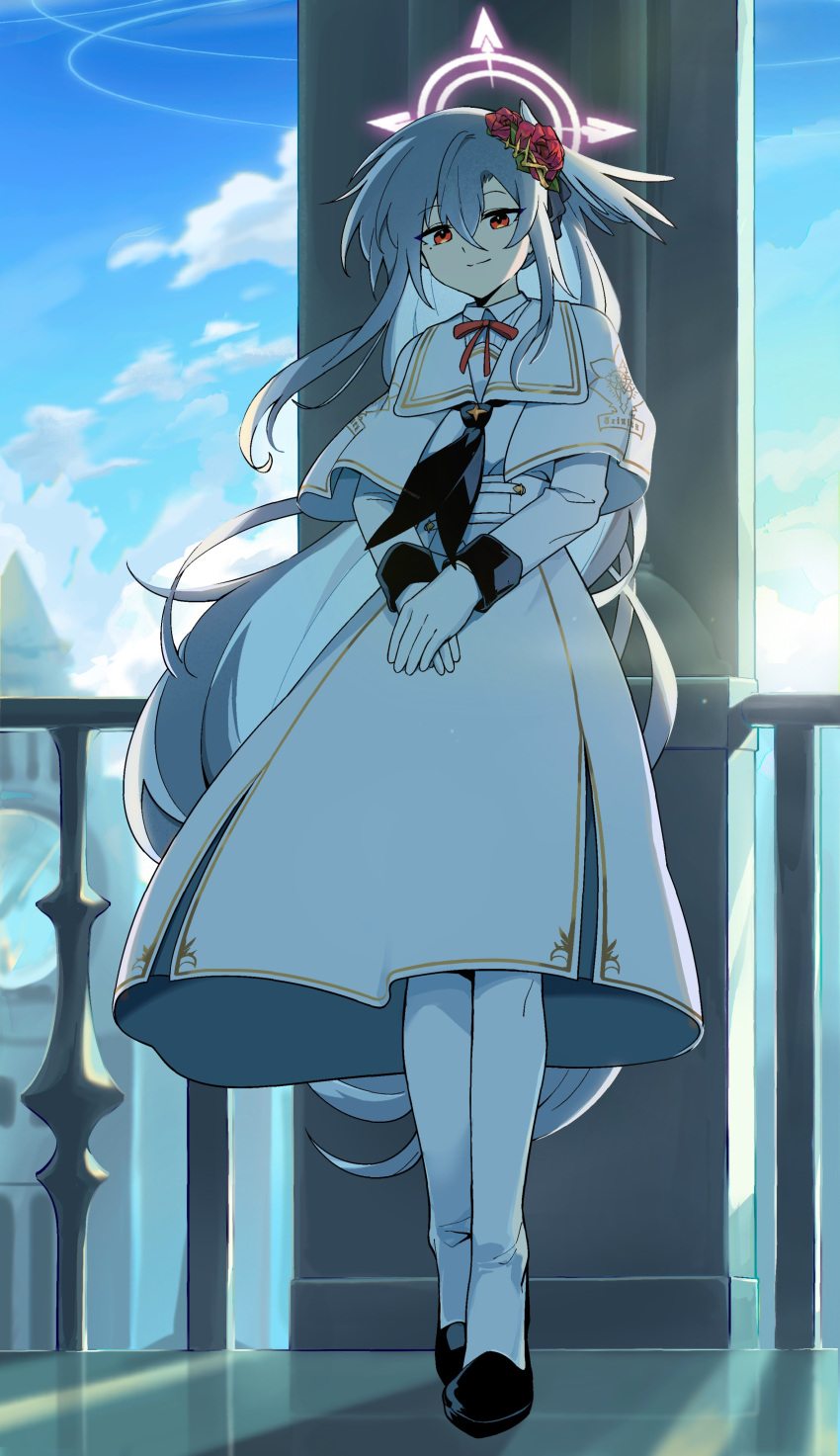 1girl, absurdres, aged_up, alternate_costume, blue_archive, blue_sky, clouds, cloudy_sky