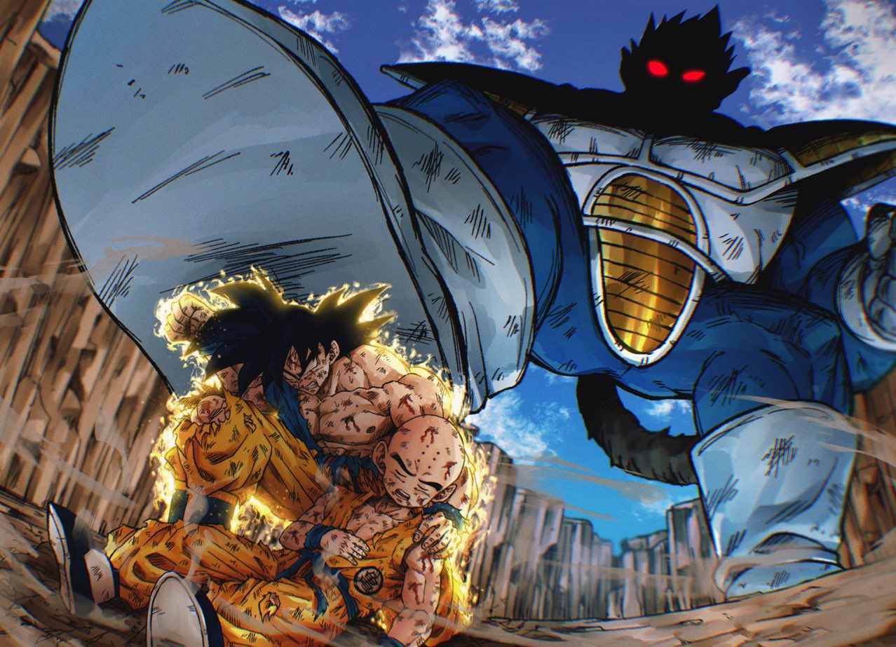 3boys, alternate_universe, aura, bald, battle_damage, black_hair, blood, blood_on_body, blood_on_face, blue_shirt, blurry, blurry_background, body_fur, closed_eyes, dragon_ball, dragon_ball:_sparking!, dragon_ball_z, glowing, glowing_eyes, hashagu, kaijuu, kuririn, male_focus, medium_hair, monkey, multiple_boys, oozaru, orange_pants, orange_shirt, pants, red_eyes, shaded_face, shirt, son_goku, spiky_hair, torn_clothes, torn_pants, torn_shirt, transformation, vegeta