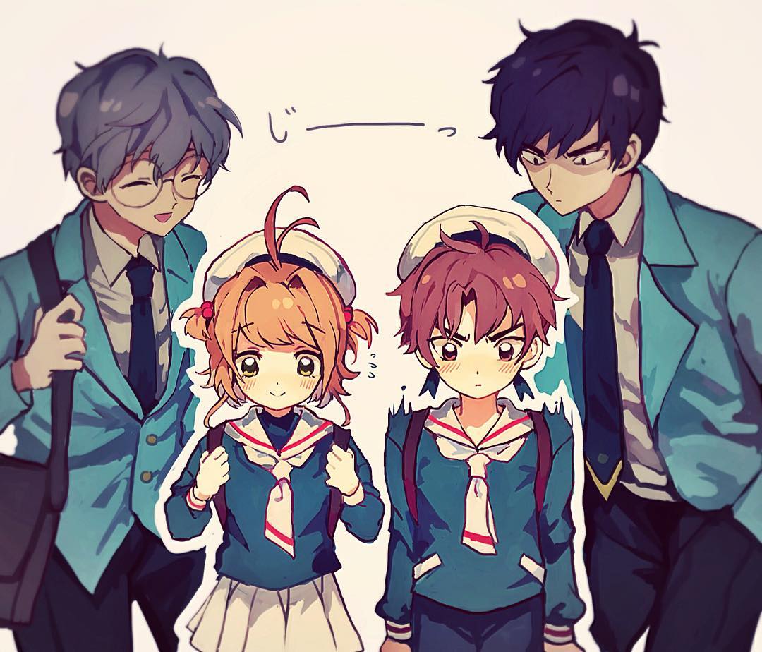 1girl, 3boys, ^_^, antenna_hair, aokamei, black_hair, black_necktie, black_pants