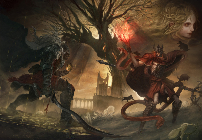 3boys, alvarojh_art, armor, battle, black_cloud, black_snake, blonde_hair, bloody_wolf_(elden_ring)