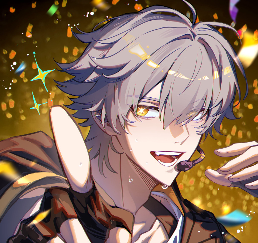 1boy, an_junjyue, black_gloves, black_jacket, caelus_(honkai:_star_rail), collarbone, confetti, earpiece