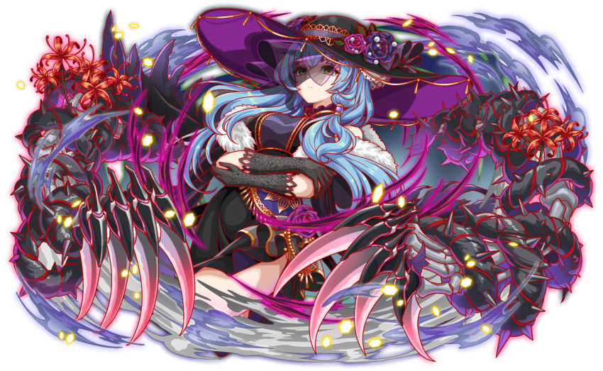 aqua_hair, artist_request, beads, black_dress, black_gloves, black_hat, black_veil, claws