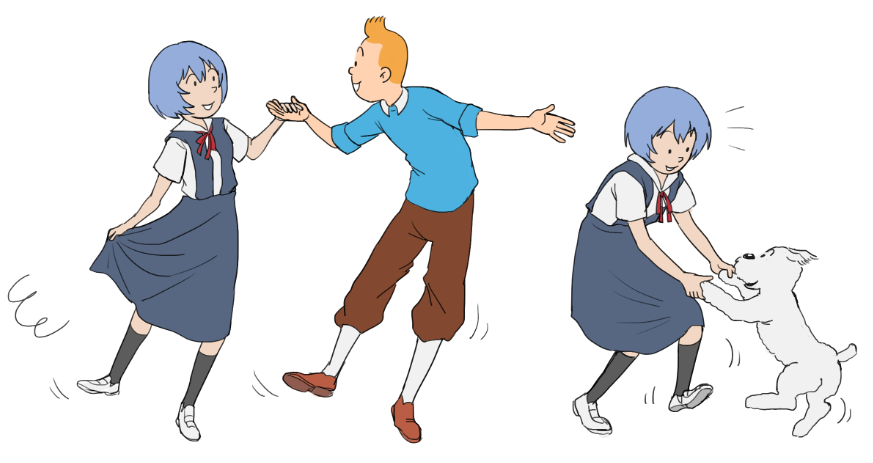 1boy, 1girl, ayanami_rei, black_socks, blue_dress, blue_hair, blue_shirt, brown_pants