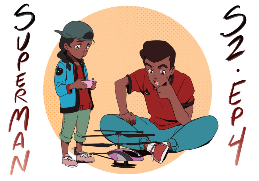 1boy, 1girl, 38sr, aircraft, backwards_hat, baseball_cap, black_hair, braid, brown_eyes, cellphone, dark-skinned_female, dark-skinned_male, dark_skin, dc_comics, flip_johnson, hand_on_own_chin, hat, helicopter, indian_style, jacket, jimmy_olsen, my_adventures_with_superman, open_mouth, pants, phone, shirt, shoes, sitting, smartphone, sneakers, stroking_own_chin, superman_(series), t-shirt, twin_braids, very_dark_skin