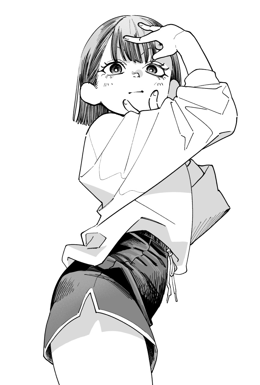 1girl, \m/, absurdres, bob_cut, dolphin_shorts, double_\m/, from_side, gavucchi