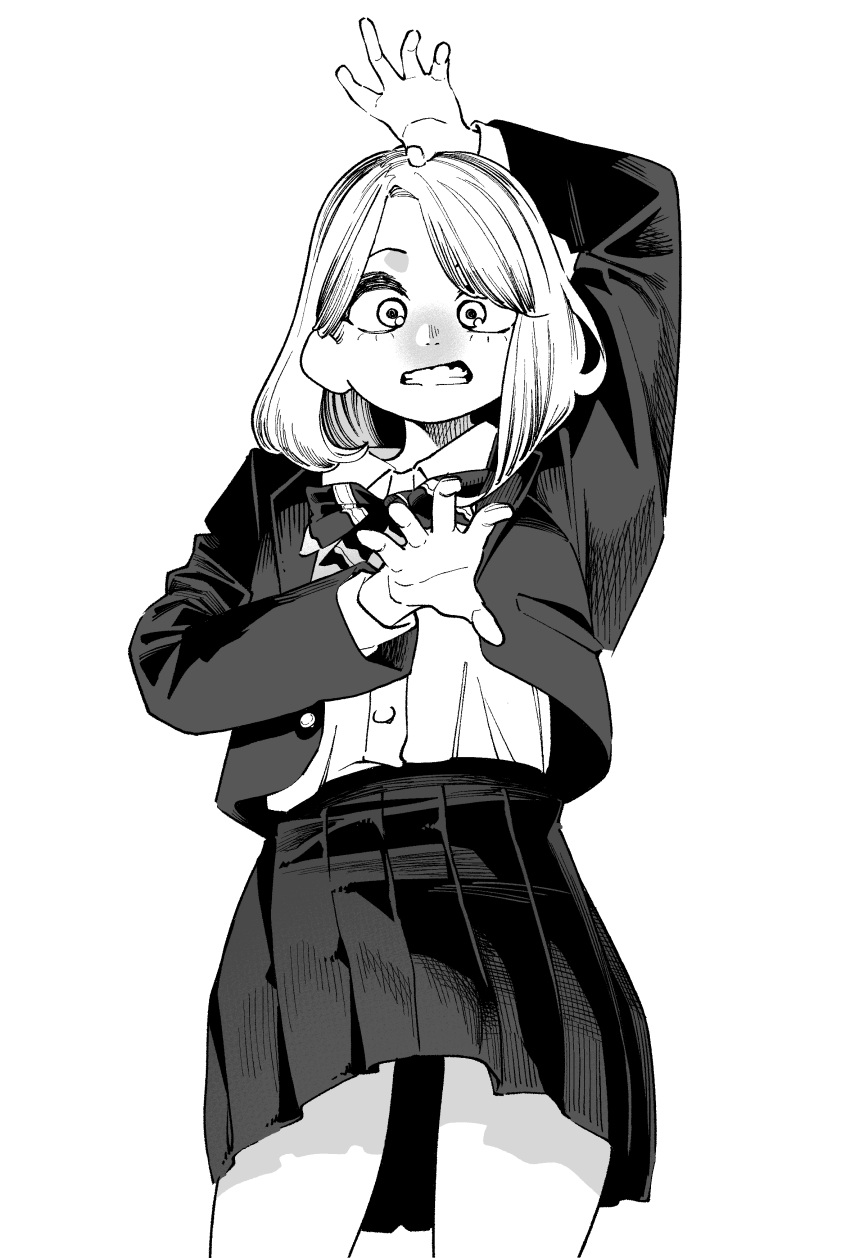1girl, absurdres, arm_above_head, bow, bowtie, gavucchi, greyscale, grin