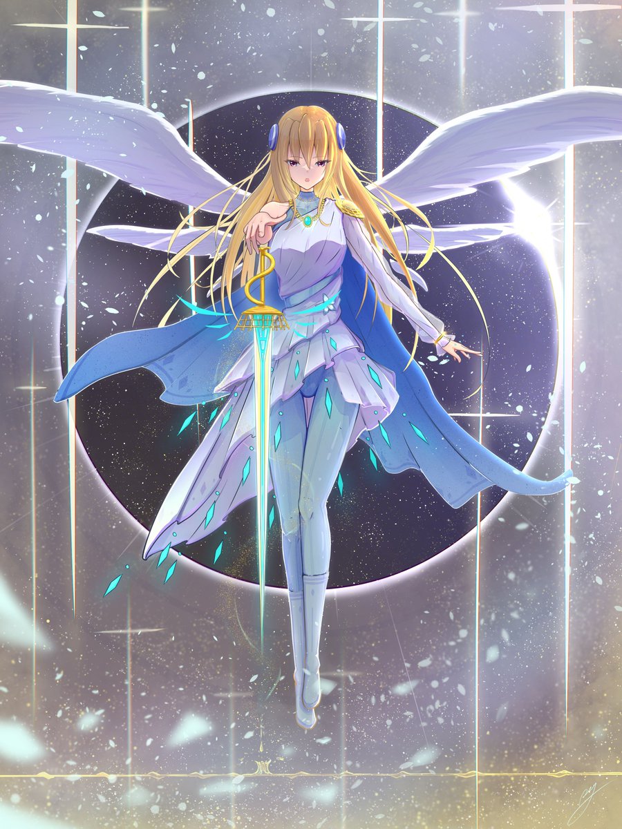 1girl, asymmetrical_sleeves, blonde_hair, covered_groin, dress, heaven_burns_red, highres, holding